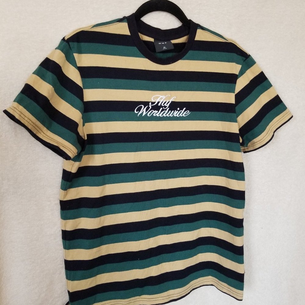 Huf Worldwide Logo Short Sleeve Horiz Stripe Shirt M mens